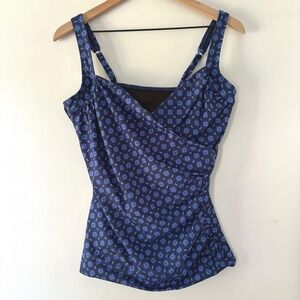 Talbots Miraclesuit 12 Sanibel Tankini Top Diamond‎ Blue Geo Underwire Support